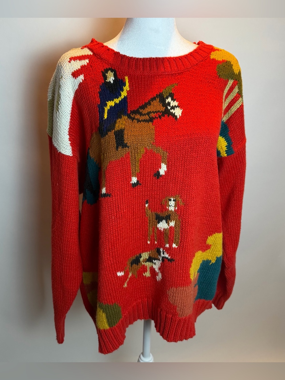 Women's Red Crewneck Novelty Animal Intarsia Sweater